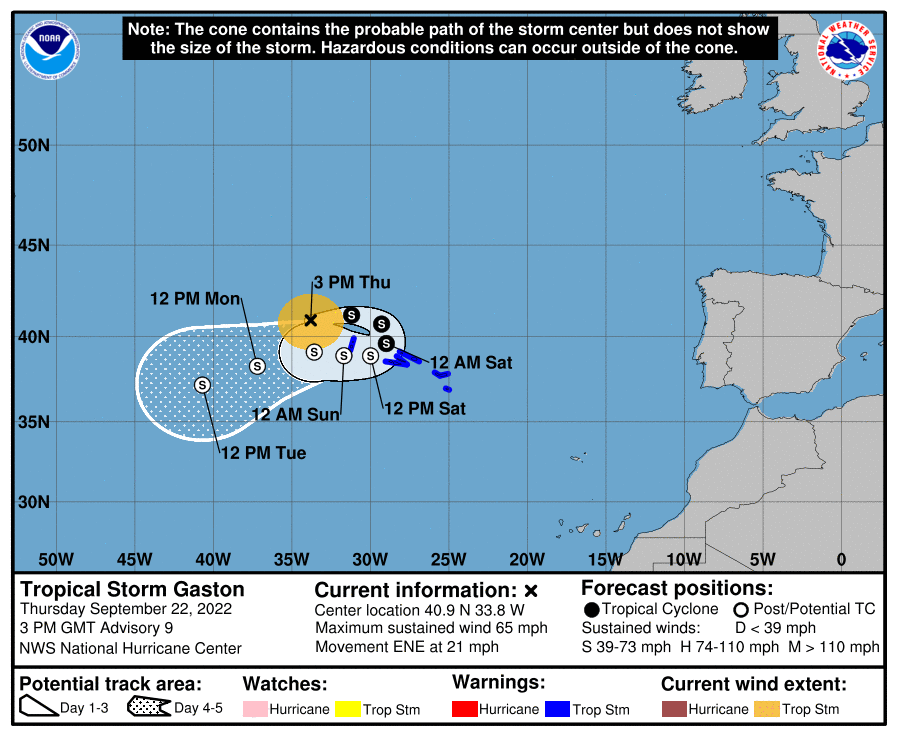 Tropical Storm Gaston track 10 am Sept 22